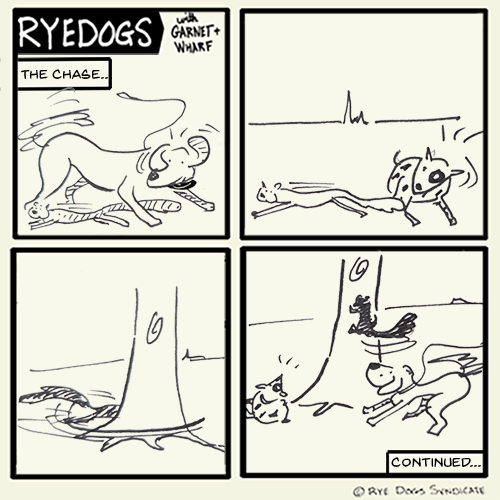 Another episode of the comic where almost nothing happens. This time, after a squirrel wakes Garnet up from a nap, Wharf and Garnet chase the squirrel to a tree. The squirrel makes a narrow escape up the tree!